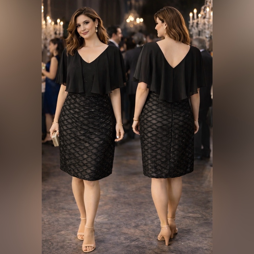 Connected Dress 14 Black Shimmer Sheath Cape Wedding Party Cruise Event NEW $99